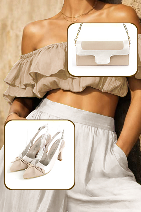 Women's champagne white and pure white elegant slingback heels, with a bow on the front. Tapered toe. High slim heel - Worn view